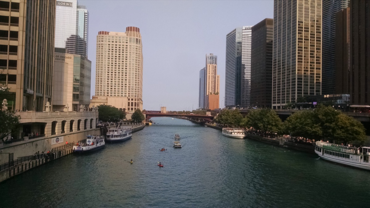 Chicago River looking west through the Loop from Michigan Avenue Bridge